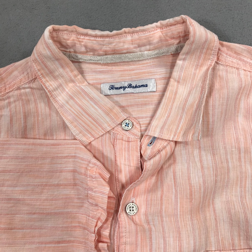 Tommy Bahama Button Up Shirt Mens XL Coral Excellent Linen Tencel Blend Striped